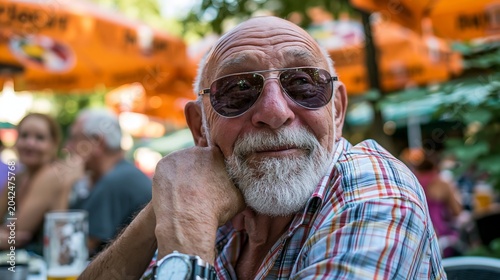 Happy older man gazes elsewhere, resting in a beer garden.
