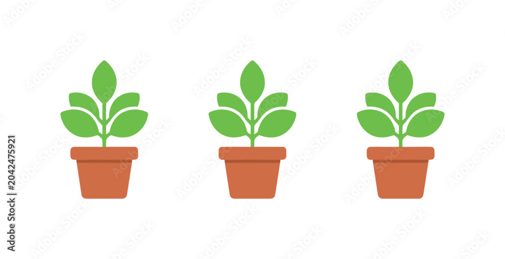 Fototapeta premium Bright open room shows identical office plants standing in a row, same pot size and leaf silhouettes evenly spaced on a pure white