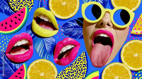Vibrant collage art blends summer fun and modern style. Bright colors and party vibes, with mouths and lips on blue, invite ads and text.