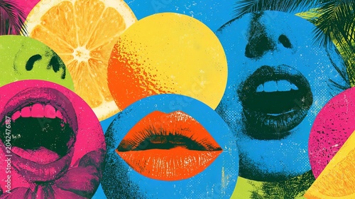 Vibrant collage art blends summer fun and modern style. Bright colors and party vibes, with mouths and lips on blue, invite ads and text.