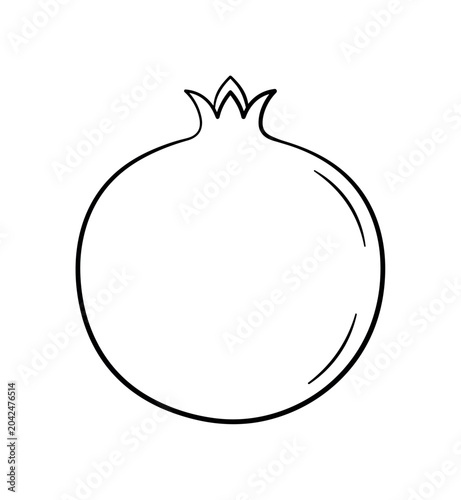 Whole round pomegranate with a small crown-like calyx at the top, minimalist elegant black line art illustration, isolated on a