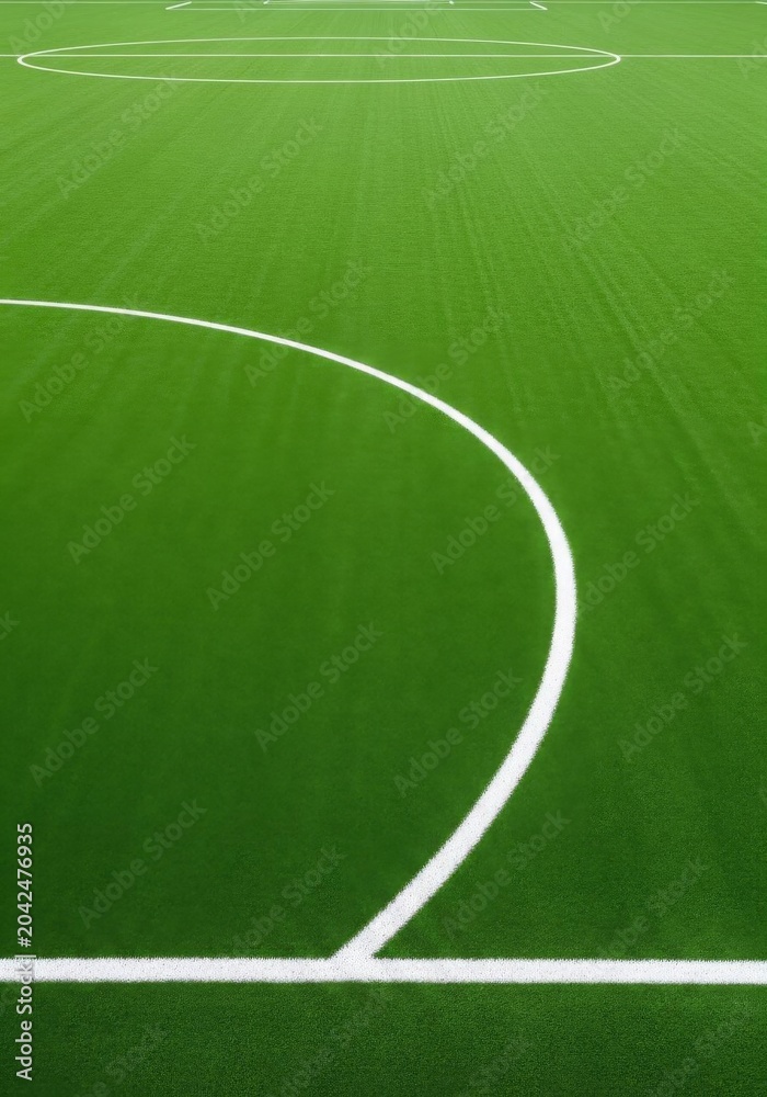 Obraz premium Green soccer field with white lines on a football stadium pitch for sports and competition illustration