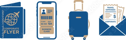 Corporate flyer passport mobile boarding pass luggage suitcase travel expenses envelope business icons vector illustration.