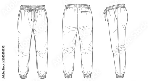 Quadro su tela Technical fashion illustration of women's jogger pants front back and side views