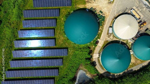 Принти на полотні Aerial View of Solar Farm and Biogas Storage Tanks in Germany