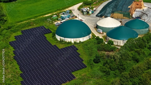 Cuadro en lienzo Aerial View of Solar Farm and Biogas Domes in Green Landscape Germany
