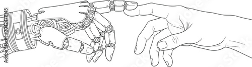 Human and robot hand touching fingers line art icon.  AI robot finger and human finger making contact, isolated.