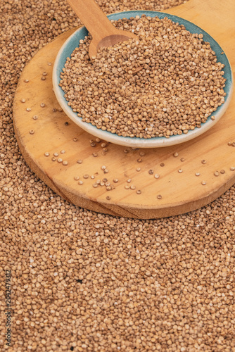 Chenopodium quinoa - Organic white quinoa seeds in bowl and spoon