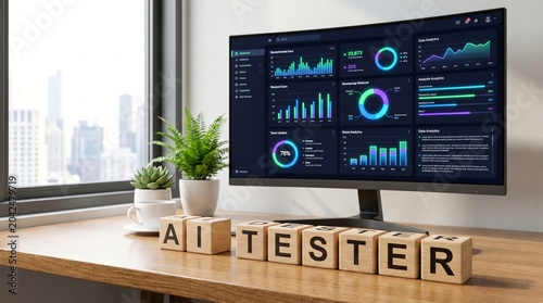 AI Tester Concept with Wooden Blocks and Data Analytics Dashboard	