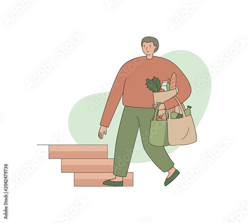 Gentle stride of a person holding reusable grocery bags as steps lead homeward in quiet surroundings  scene of person carrying