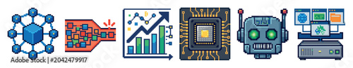 Pixel art icons representing blockchain, data processing, analytics, microchip, robot, and server with monitors