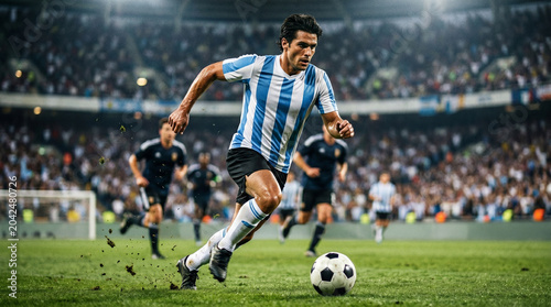 Soccer Player in Argentina Jersey Dribbling Ball on Field During Match