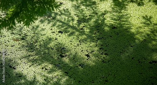 Green duckweed on water surface with tree shadow