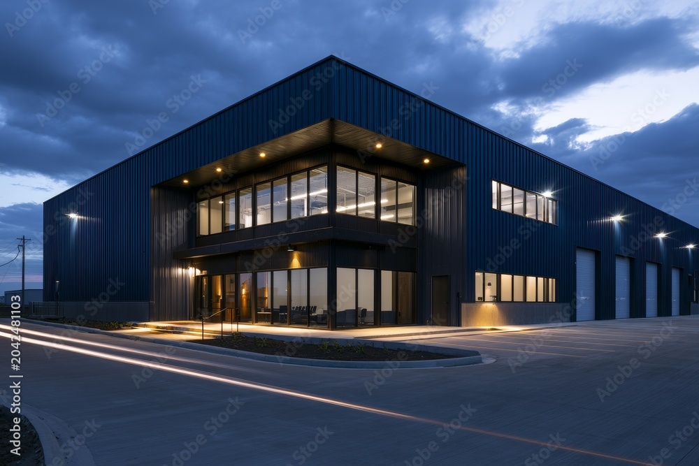 Obraz premium New industrial building with glass front at night showcases modern design and lighting in urban area