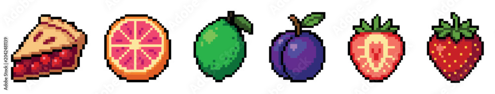 Fototapeta premium Pixel art fruits and dessert set including pie, grapefruit, lime, plum, and strawberries