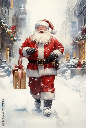 Santa Claus in red suit, watercolor style. Christmas illustration with Santa Claus
