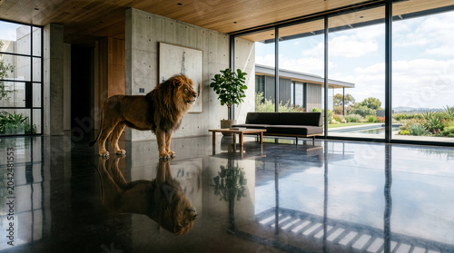 A majestic male lion with a full mane walks through a modern, minimalist interior with large glass windows offering a view of a natural landscape.