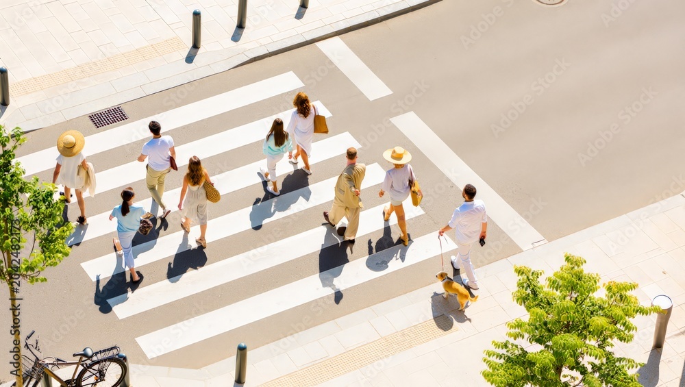 Obraz premium A bustling city street scene captured from above, showing people of various ages and styles crossing the road at a zebra crossing, surrounded by trees, a bicycle, and urban infrastructure.