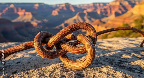 A close-up of a natural wooden branch tied into a tight knot, sitting on a stone edge with a blurry canyon view in the background