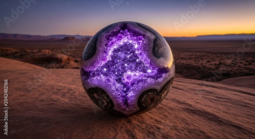A round, magical crystal ball showing a glowing purple amethyst geode center, sitting on a desert rock surface during twilight.