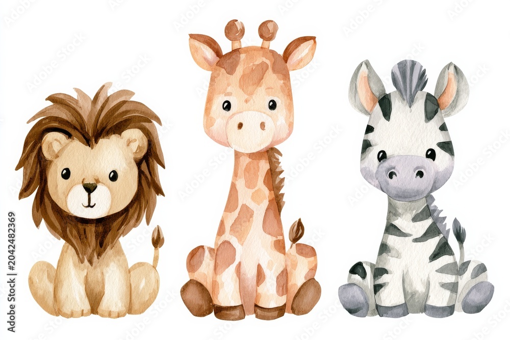 Fototapeta premium Cute animal illustrations of a lion, giraffe, and zebra sitting together in a playful setting
