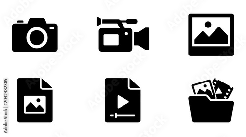 Set of six black icons representing photography, videography, and media organization.