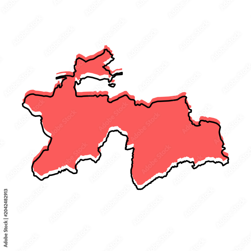 Fototapeta premium Tajikistan map from black contour curves lines with a red shifted silhouette on white background