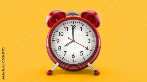 Fotografi Red alarm clock on yellow background. 3D illustration