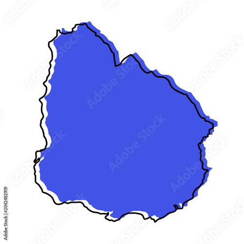 Uruguay map from black contour curves lines with a blue shifted silhouette on white background