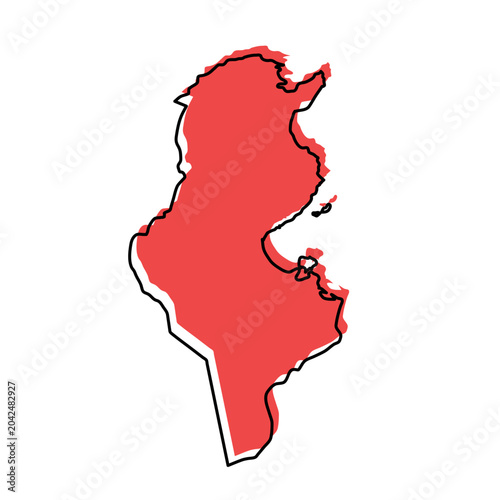 Tunisia map from black contour curves lines with a red shifted silhouette on white background