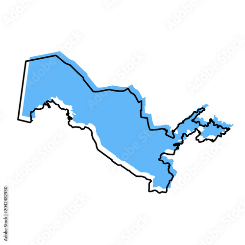 Uzbekistan map from black contour curves lines with a blue shifted silhouette on white background