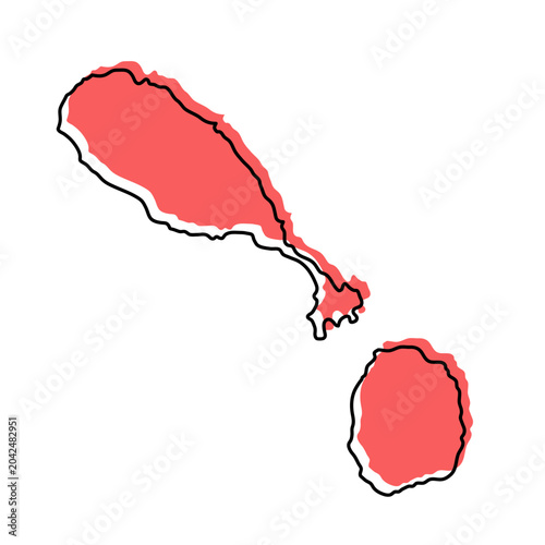Saint Kitts and Nevis map from black contour curves lines with a red shifted silhouette on white background