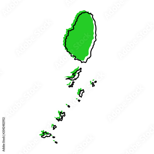 Saint Vincent and the Grenadines map from black contour curves lines with a green shifted silhouette on white background