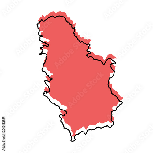 Serbia map from black contour curves lines with a red shifted silhouette on white background
