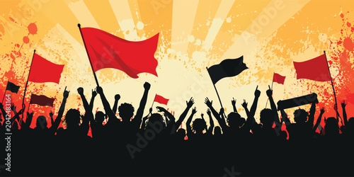 Slika na platnu Crowd of silhouetted protesters waving red and black flags against an energetic