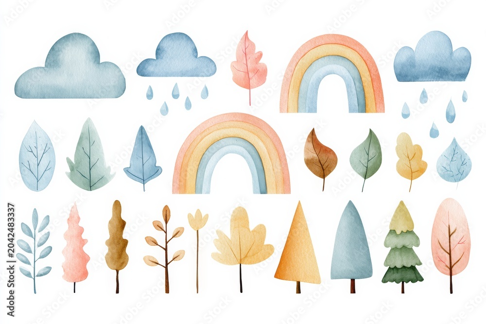 Fototapeta premium Collection of simple watercolor shapes with clouds, trees, leaves, and rainbows on a white background