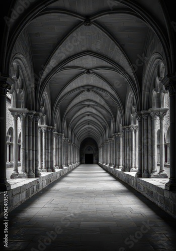 Wide view of ancient cloister architecture. High contrast black and white photo emphasizing arches, symmetry, and shadows, ancient, courtyard, architectural detail