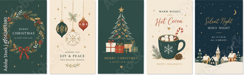 Canvas-taulu Set of five elegant christmas greeting card designs featuring festive wreaths or