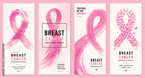 Set of four vertical breast cancer awareness month banners featuring hand painted pink ribbons with artistic watercolor textures and inspiring motivational text
