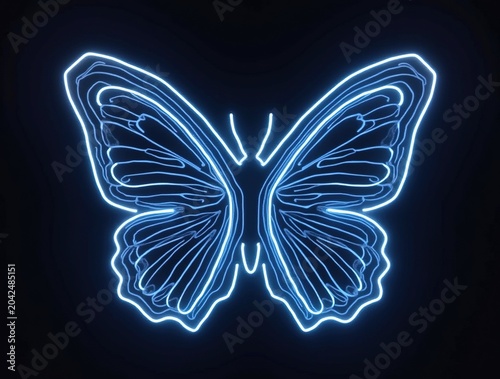 Neon butterfly and abstract lines on a black background