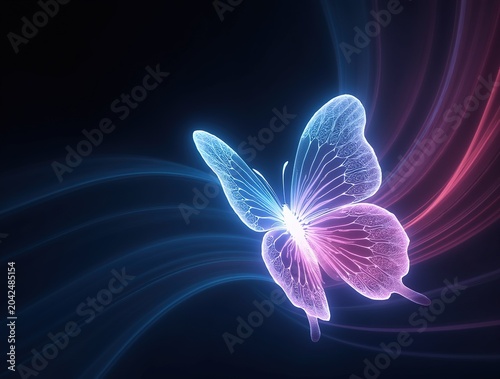 Neon butterfly and abstract lines on a black background