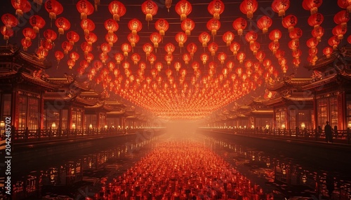 Vibrant lanterns illuminate traditional interior with red carpet and columns at night