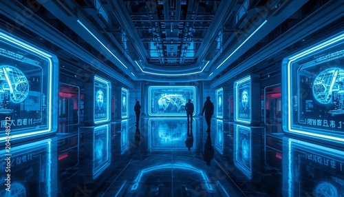 Futuristic Hallway Illuminated by Neon Blue Lights with Silhouettes of People