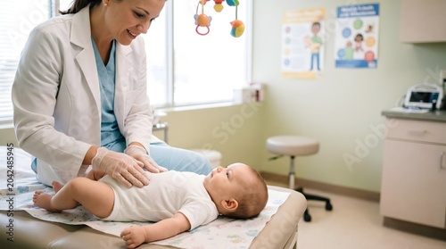 Female doctor in white coat examining infant on table in pediatric clinic