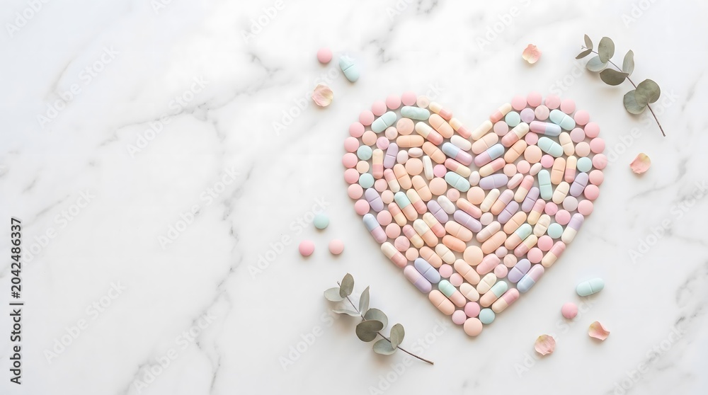 Obraz premium Heart shape formed from pastel pill tablet and capsule on white marble with flower petal