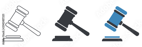 Foto judge gavel icon vector collection in outline and solid style, legal and justice design set for court branding, law office graphics, and judicial symbols