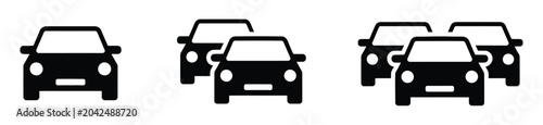 Car icon set with traffic jam concept featuring one, two, and three automobile symbols in black vector design elements