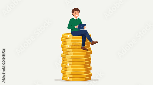 Successful Young Investor Sitting on a High Stack of Gold Coins While Using a Digital Tablet ideal for financial growth blogs and fintech marketing materials.