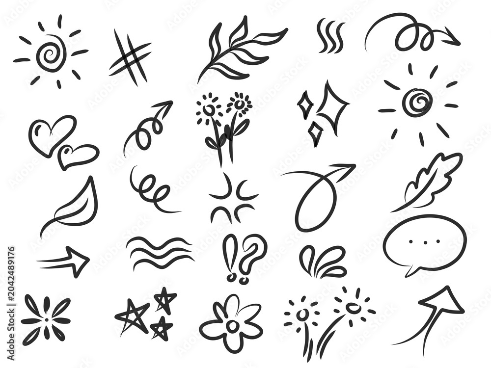 Fototapeta premium Hand drawn doodle symbols and sketch elements collection isolated on light background