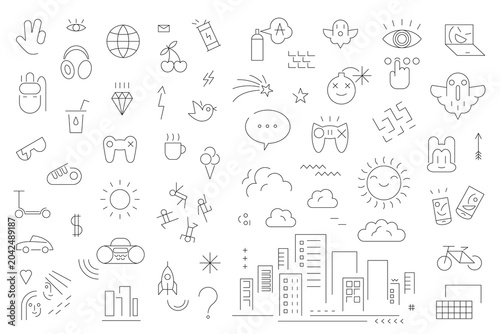  Summer city objects sign and symbol flat line icon set , vector background design element